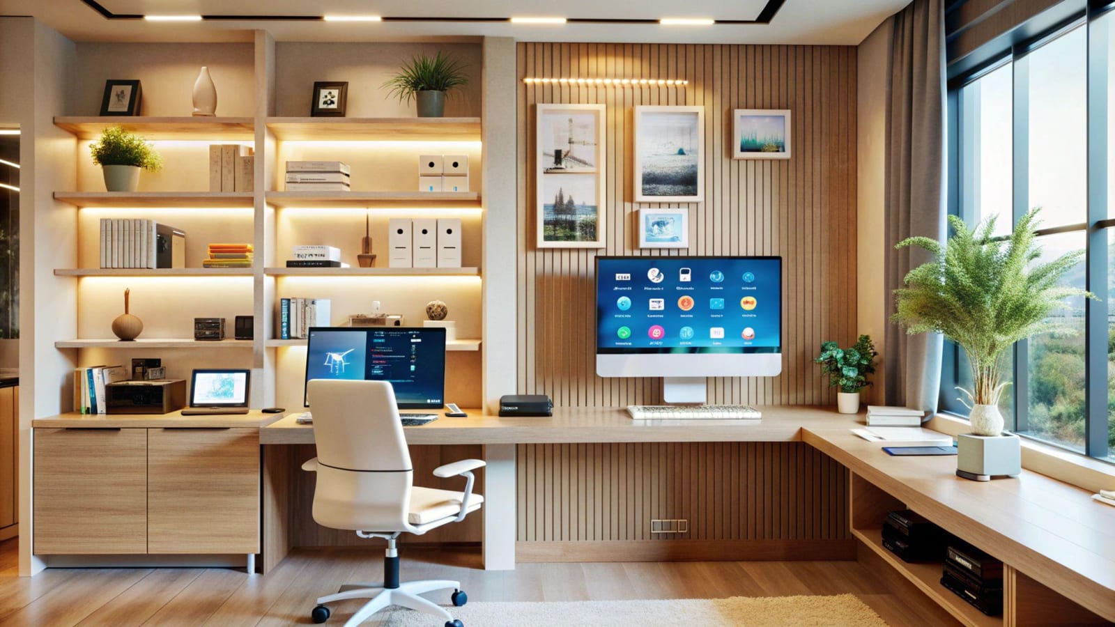Built-in home office with an L-shaped desk, LED-lit open shelving and closed base cabinets running along two walls