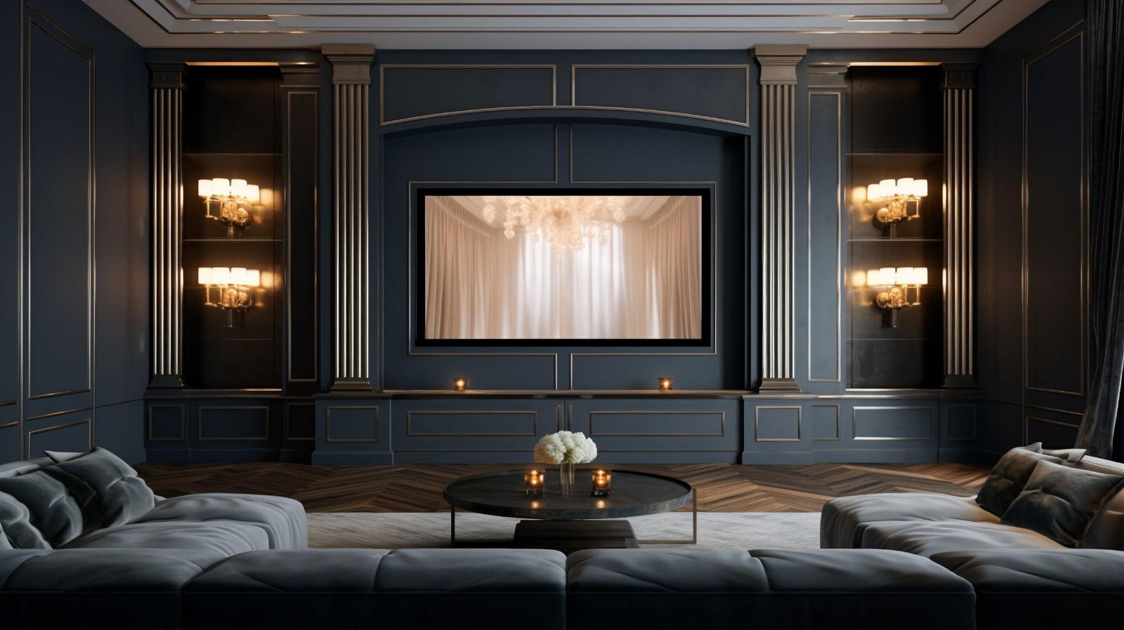 Built in TV wall with lighted display cabinets either side of the screen and a run of low cabinets beneath