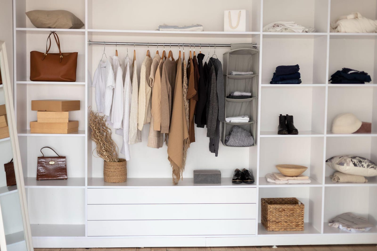 Built-in wardrobe wall with a double-hanging rod, open shelving cubbies and a bank of drawers making use of the full wall height