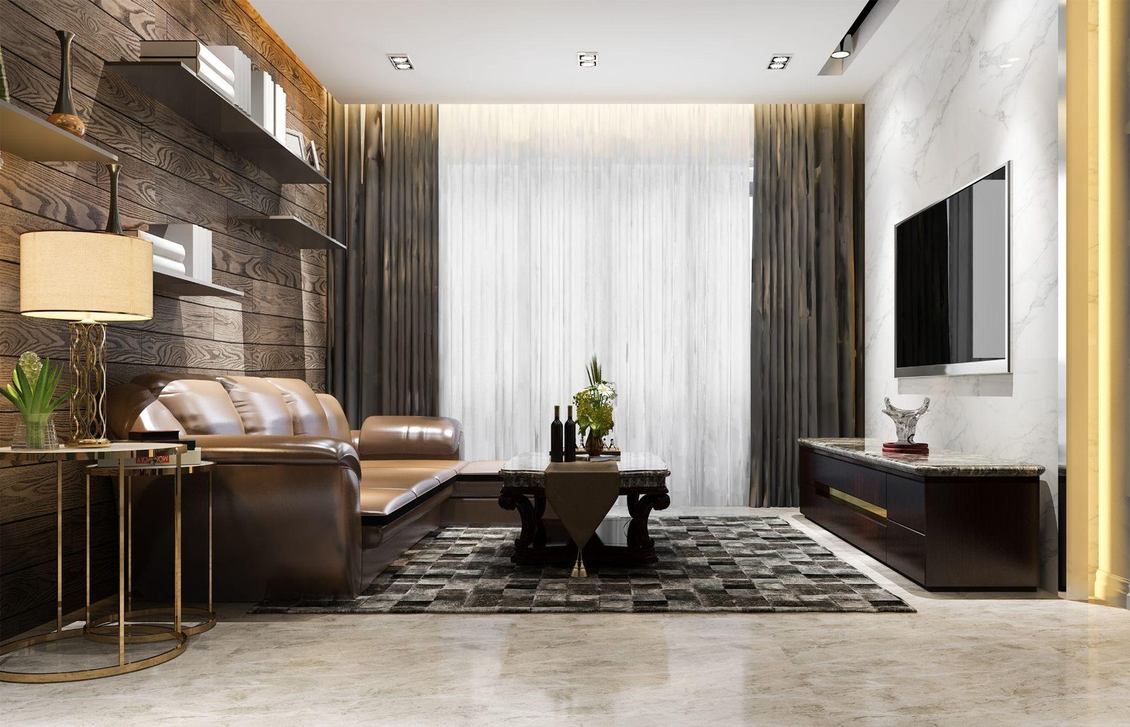 Living room with a wall-mounted TV above a dark wood media cabinet with a stone top, and open display shelving on the adjoining wall