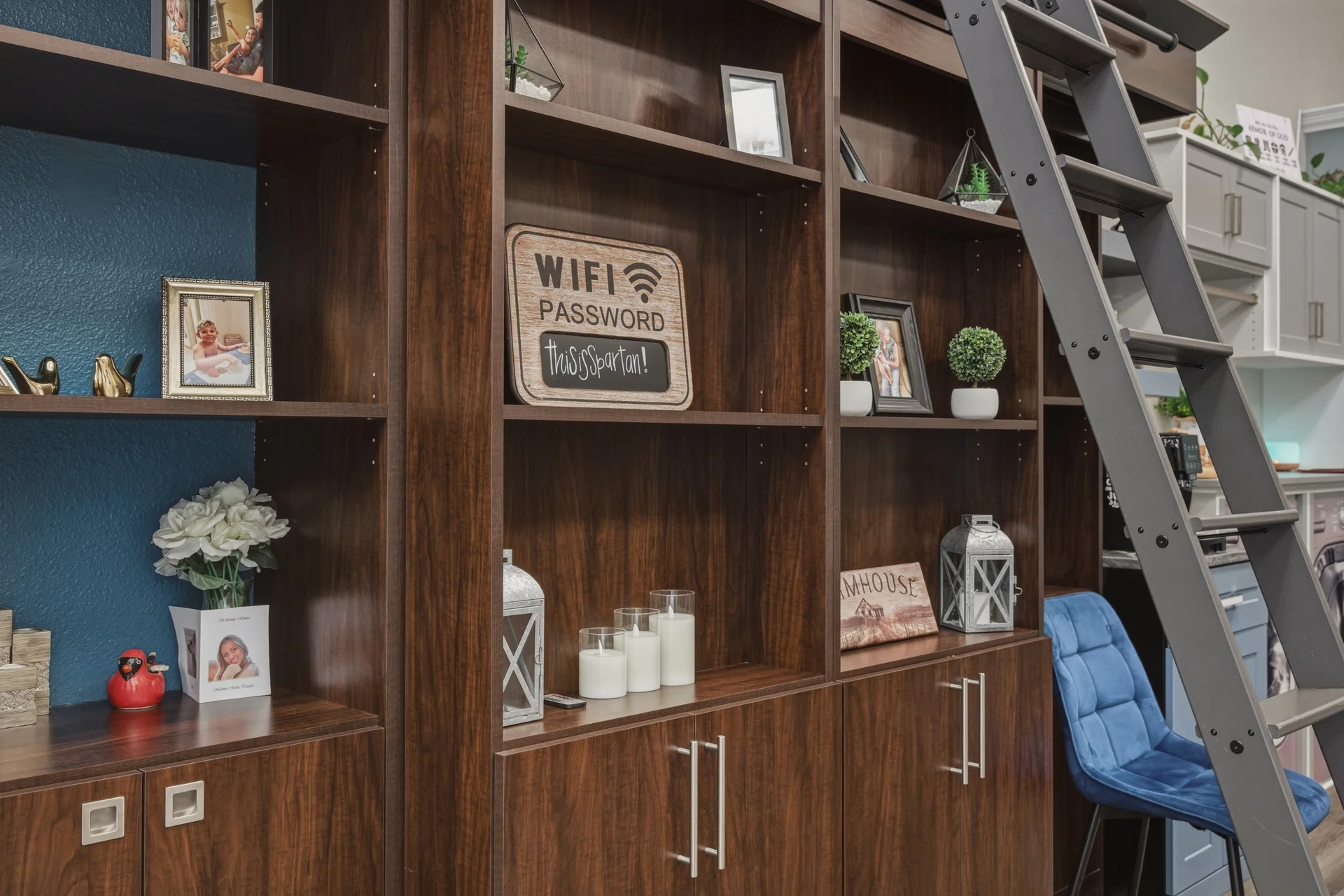 Dream Closets LLC showroom dark wood floor-to-ceiling built-in bookcase with rolling library ladder in Bradenton FL