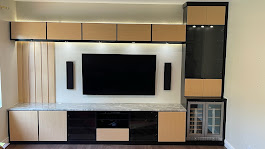 Modern two-tone media center with LED accent lighting